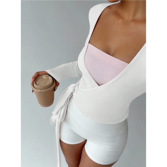 White V-Neck Long Sleeve Tie Side Wrap Shirt - Picture 1 of 9